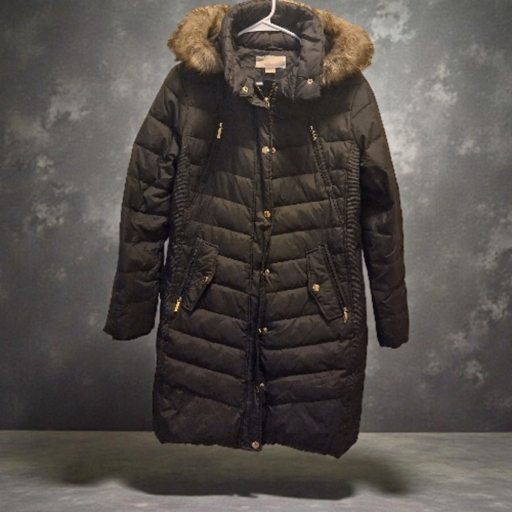 Michael Kors Navy Blue Puffer Coat with Faux Fur Hood